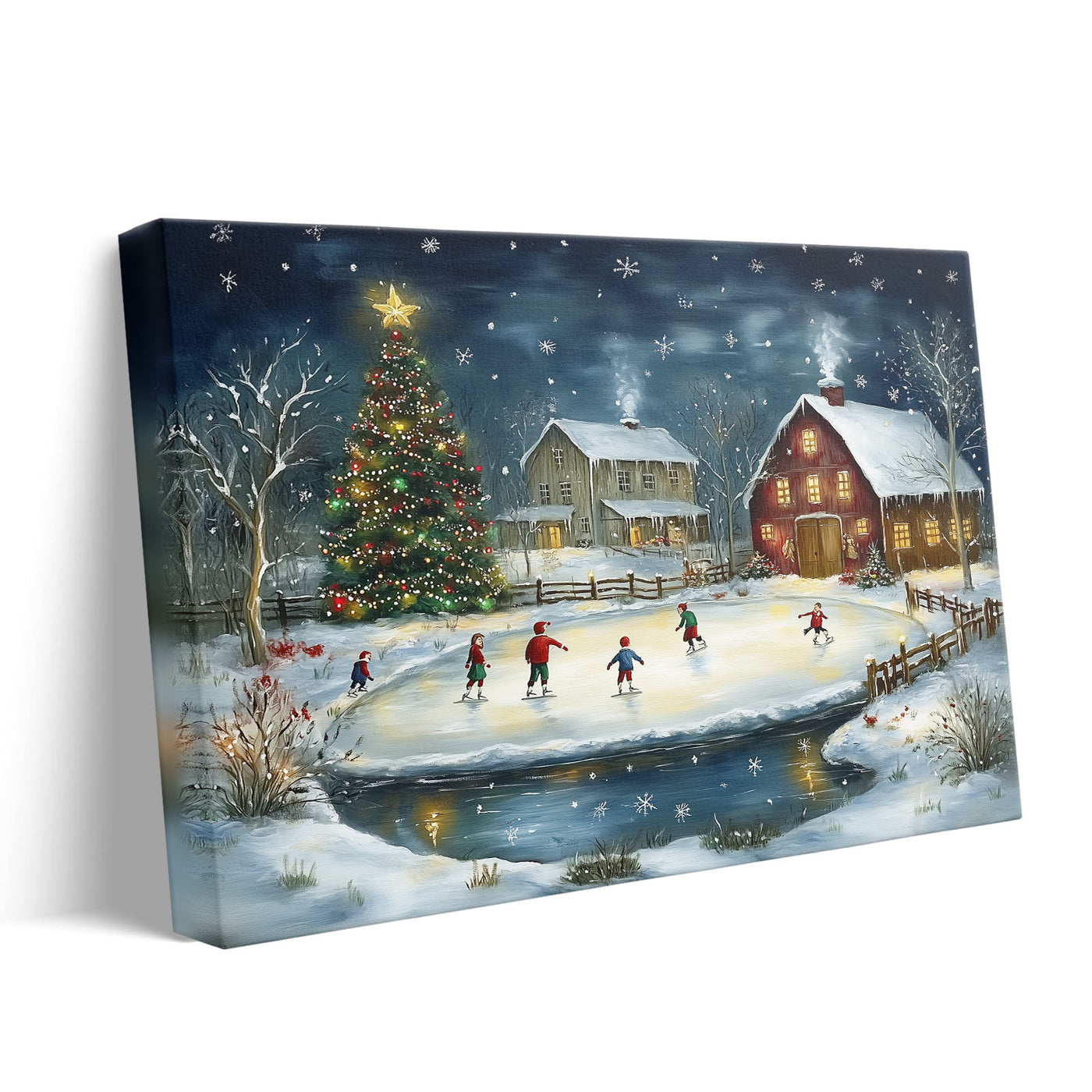 Christmas Ice Skating Canvas Wall Art, Snowy Farmhouse Scene with Christmas Tree and Barn Holiday Decor