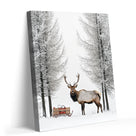 Christmas Elk and Sleigh Canvas Wall Art, Snowy Forest Wildlife Artwork with Gifts for Holiday Decor
