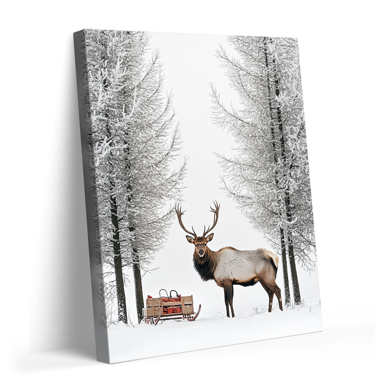 Christmas Elk and Sleigh Canvas Wall Art, Snowy Forest Wildlife Artwork with Gifts for Holiday Decor
