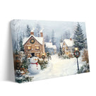 Snowman Christmas Village Canvas Wall Art, Snowy Holiday Town with Wreaths and Lights Decor
