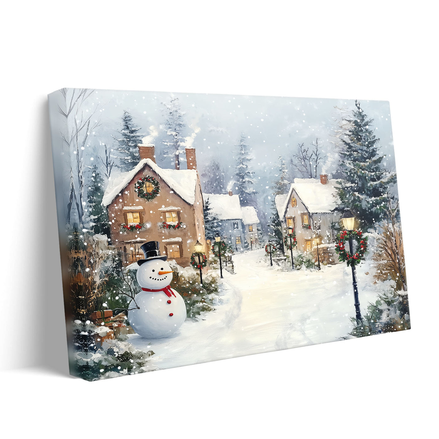Snowman Christmas Village Canvas Wall Art, Snowy Holiday Town with Wreaths and Lights Decor