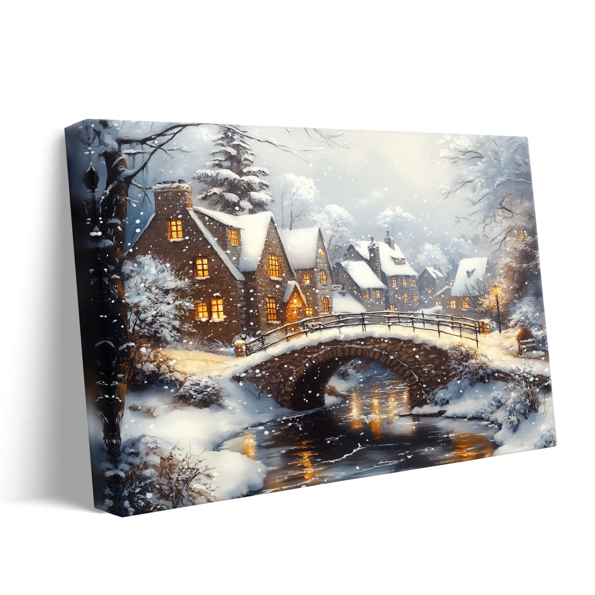 Snowy Christmas Village Canvas Wall Art, Cozy Winter Town Holiday Decor