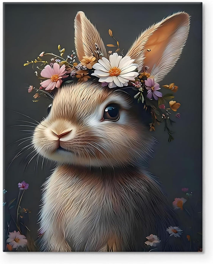 Easter Rabbit Framed Canvas Wall Art, Hare with Flower Crown Oil Painting Home Decor, Nature-Inspired Wall Decor Stunning Lovable Bunny Canvas Prints