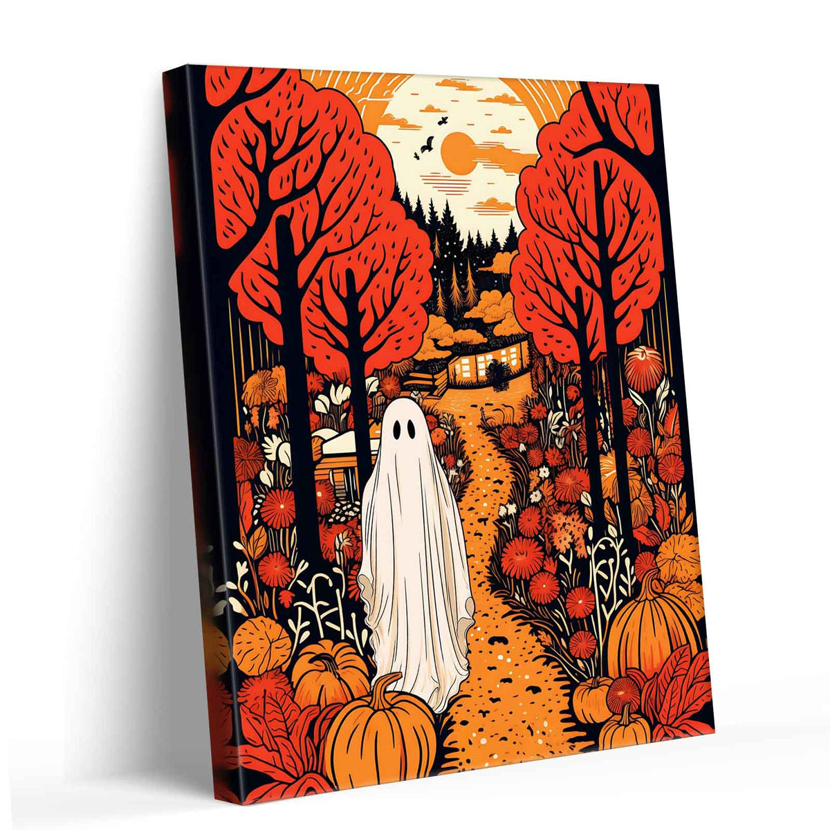 Ghost in the Autumn Forest Bold Retro Halloween Illustration Wall Art