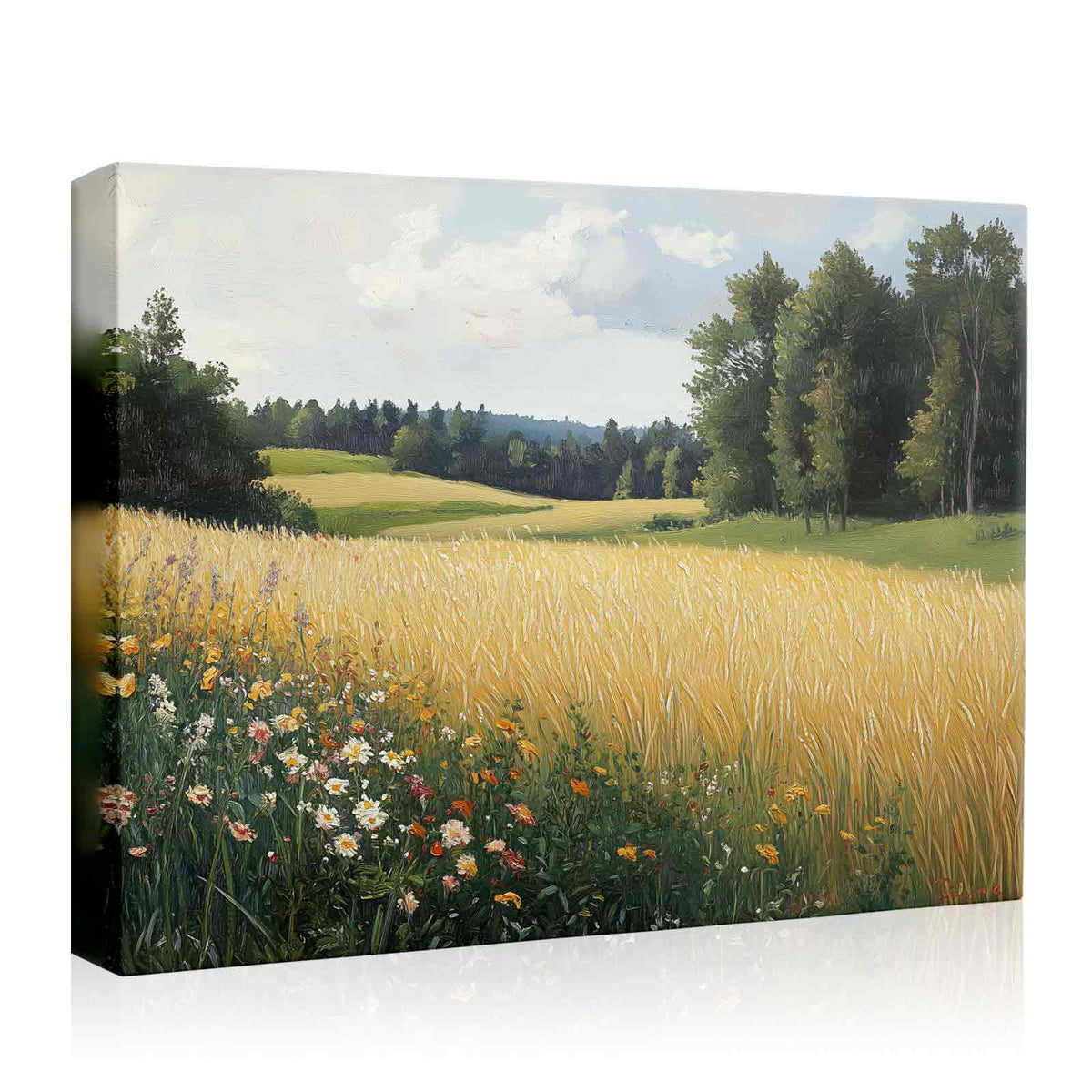 Impressionist Countryside Landscape Painting Golden Wheat Meadow Wall Art