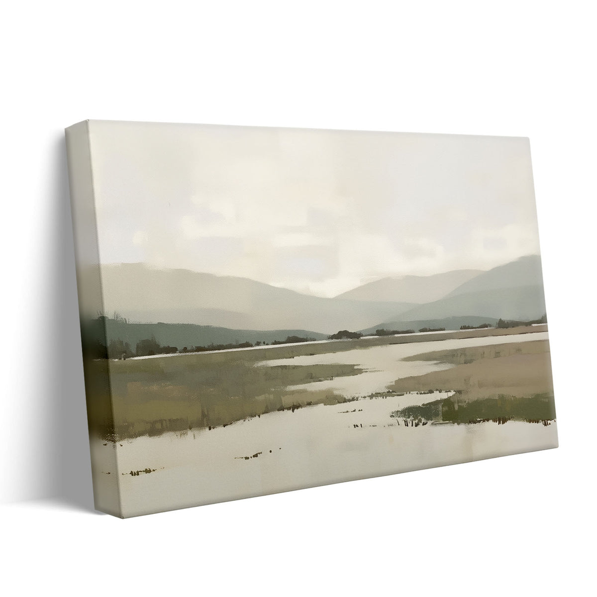 Misty Mountain Lake Minimalist Soft-Tone Landscape Painting Wall Art
