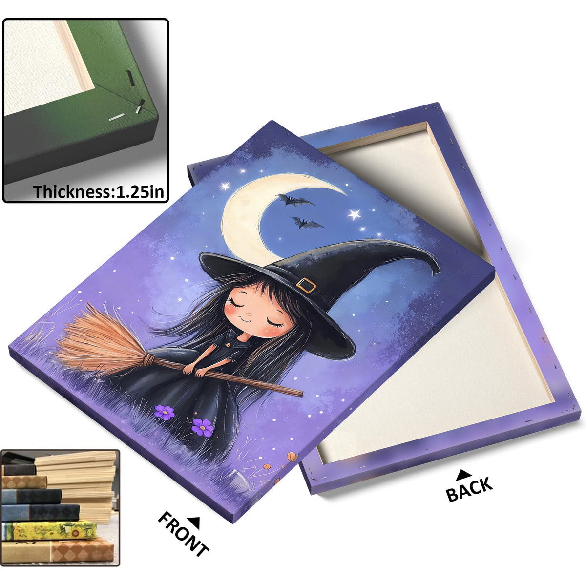 Little Witch Under the Crescent Moon Halloween Canvas Wall Art