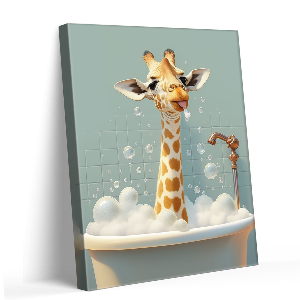 Giraffe in the Bathtub Whimsical Surreal Animal Illustration Wall Art