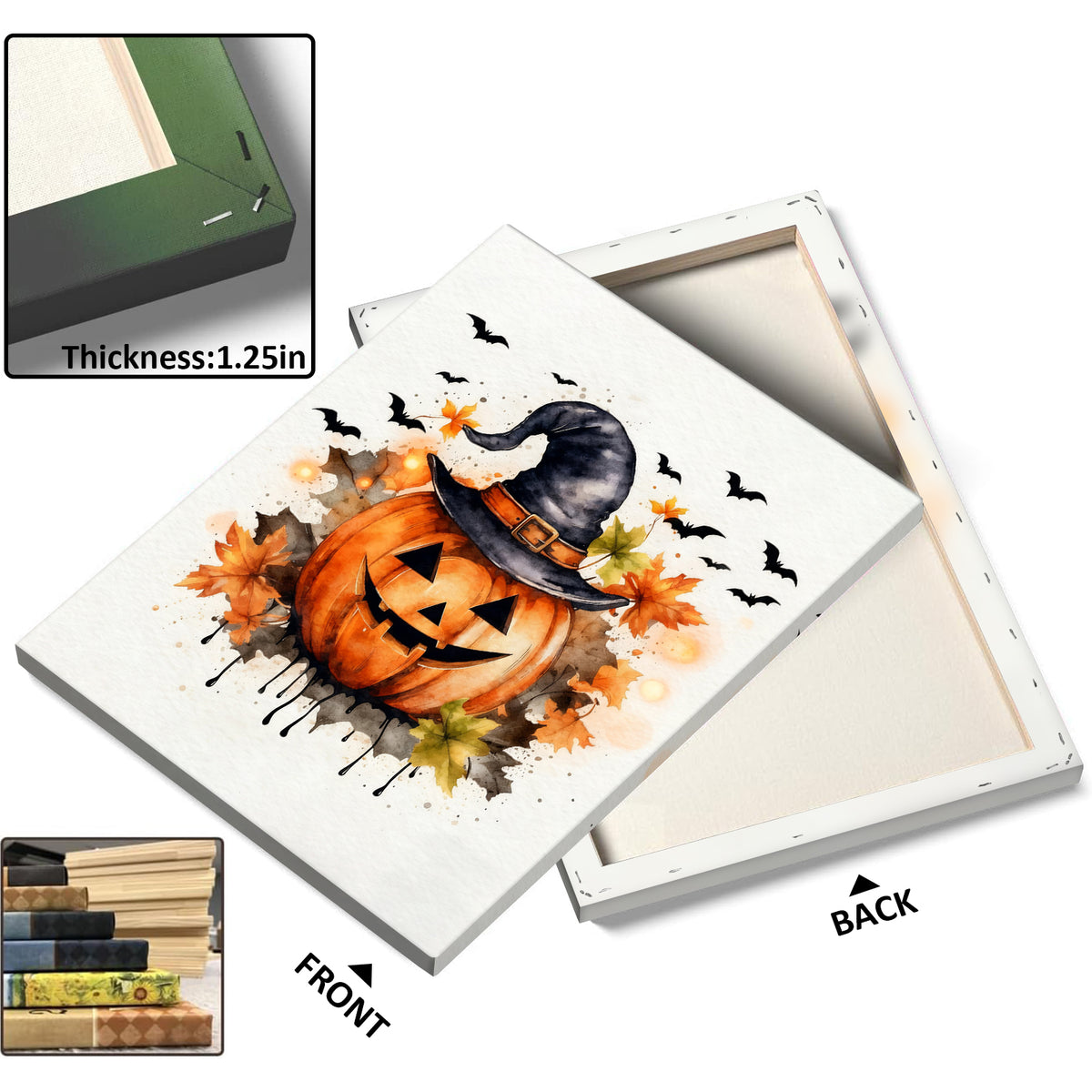 Watercolor Witch Hat Pumpkin Halloween Canvas Wall Art
