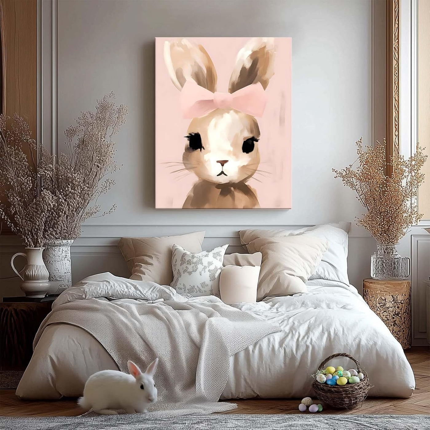 Easter Bunny Canvas Wall Art, Stylish Bunny Pop Home Decor Print Painting Spring Pink Aesthetic Artwork, Rustic Easter Charm Holiday Gift Nursery Living Room Decoration