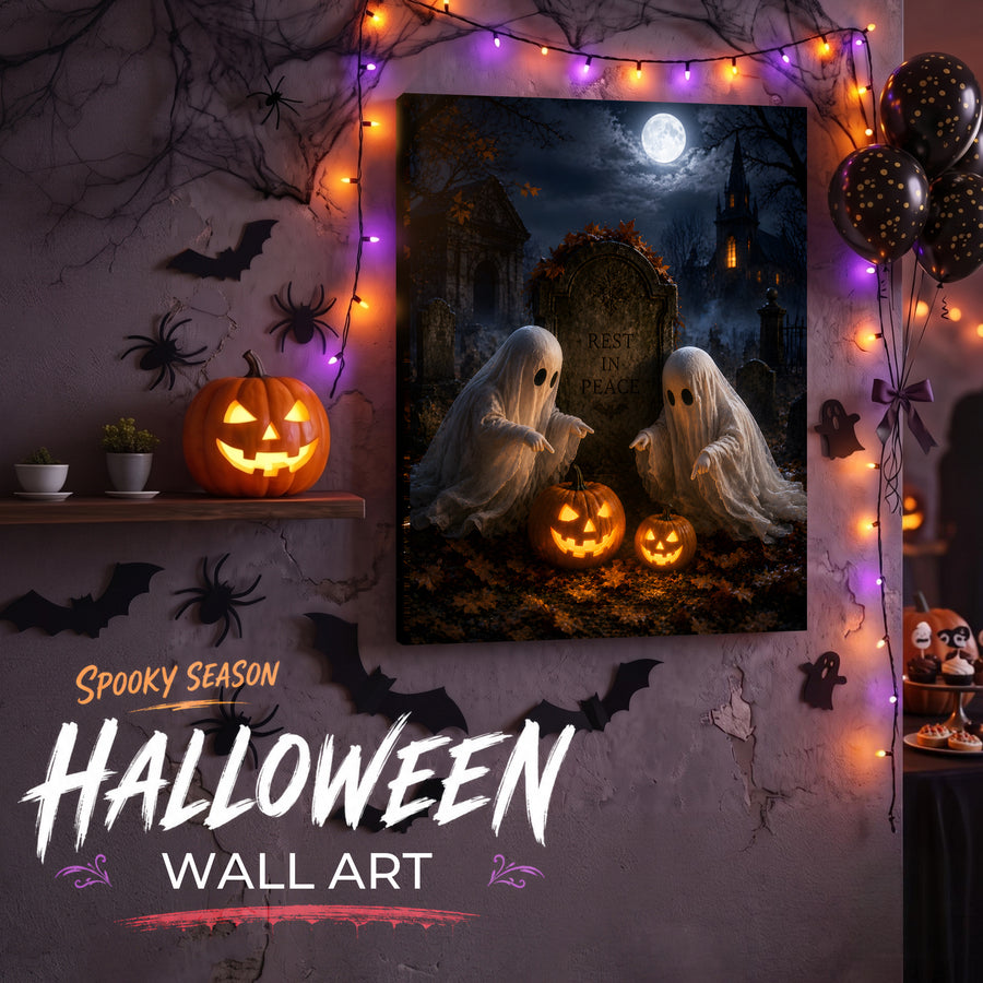 Cute Ghost and Pumpkin Halloween Canvas Wall Art, Whimsical Gothic Fall Decor for Home, Bedroom and Kids’ Room