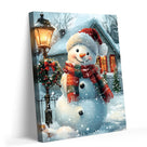 Cute Snowman Christmas Canvas Wall Art, Snowy Holiday House with Wreath and Lantern Decor