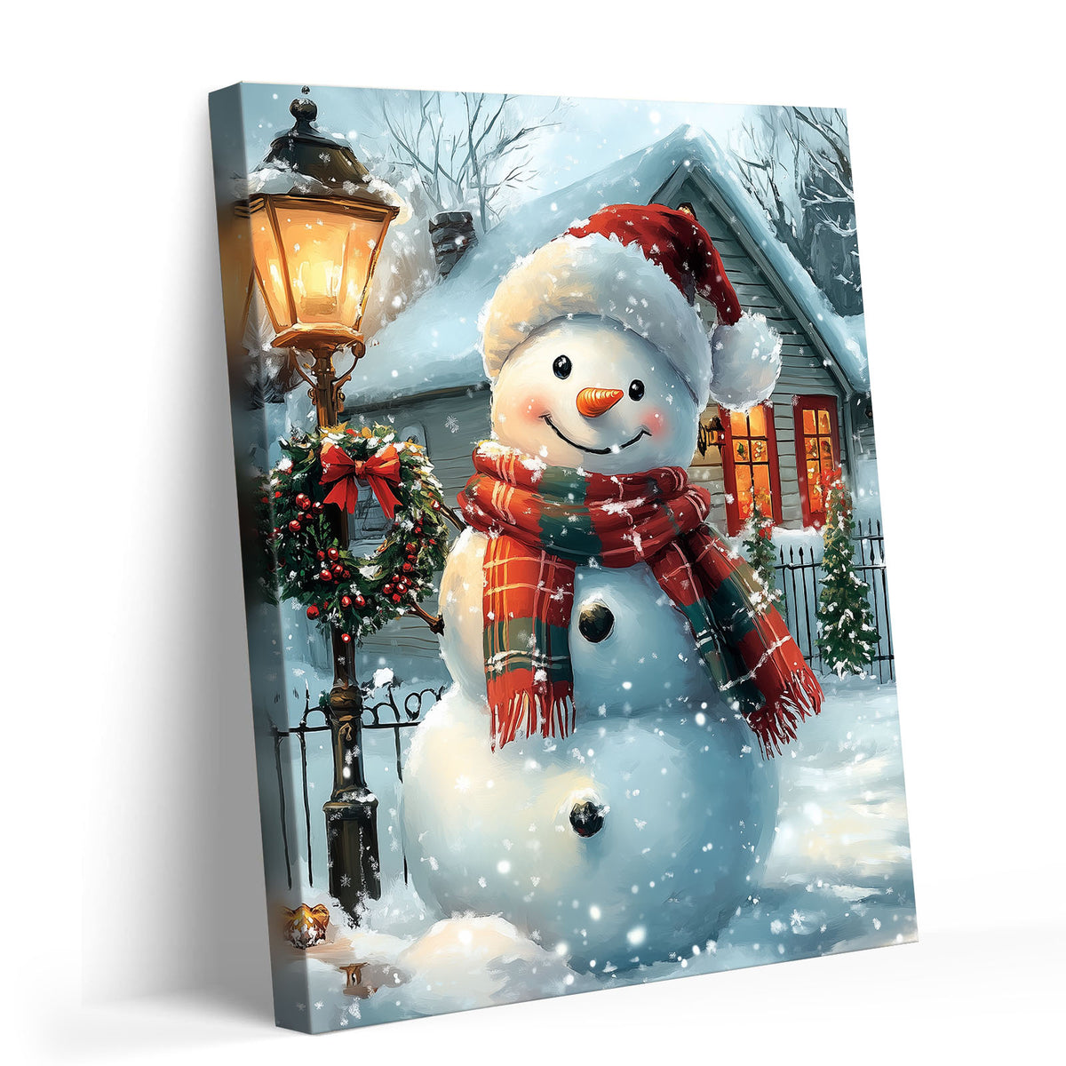 Cute Snowman Christmas Canvas Wall Art, Snowy Holiday House with Wreath and Lantern Decor