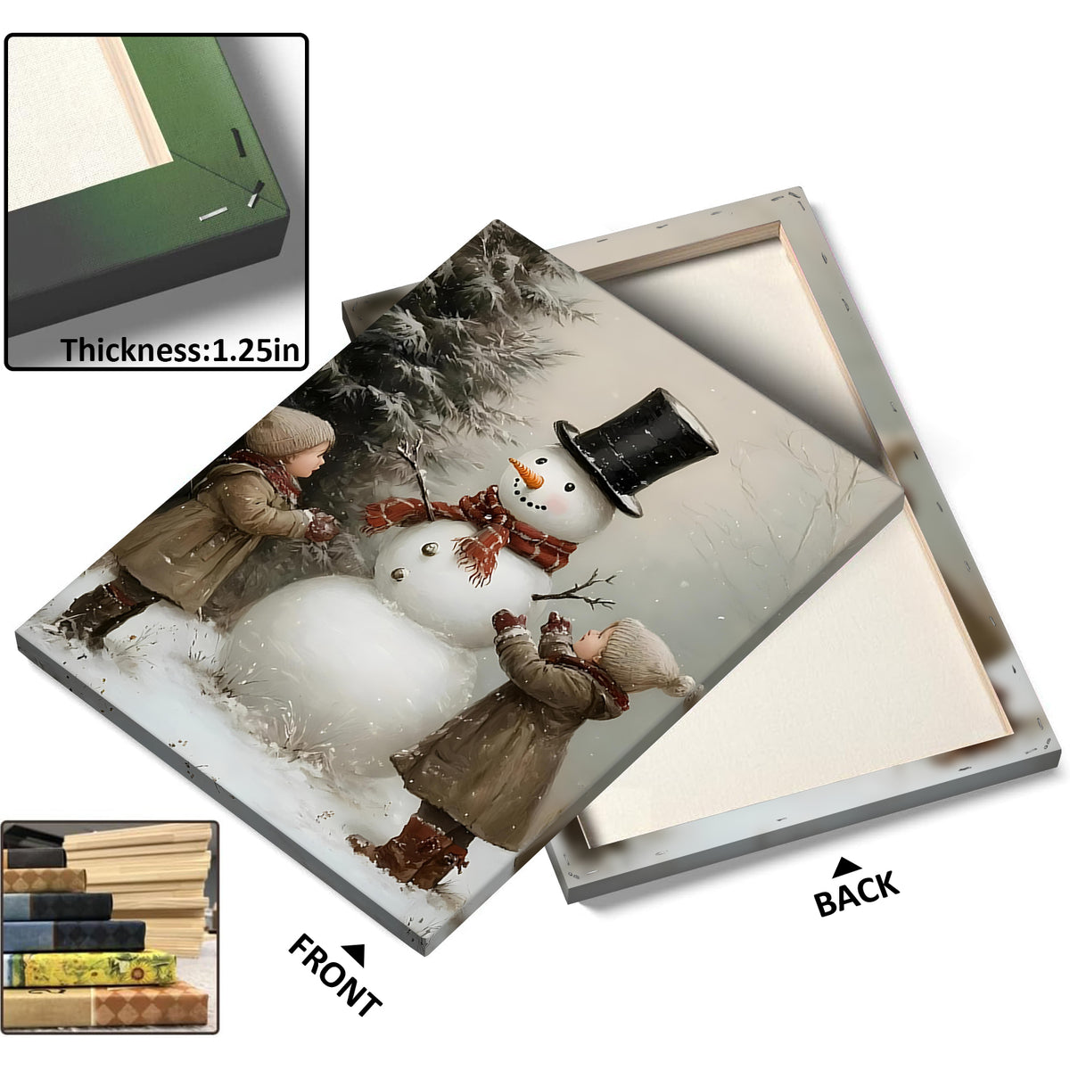 Snowman and Children Christmas Canvas Wall Art, Winter Family Holiday Artwork for Living Room, Bedroom and Entryway