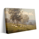 Sheep Grazing in the Misty Meadow Soft Atmospheric Pastoral Landscape Painting Wall Art