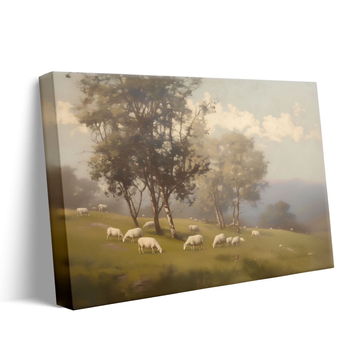 Sheep Grazing in the Misty Meadow Soft Atmospheric Pastoral Landscape Painting Wall Art