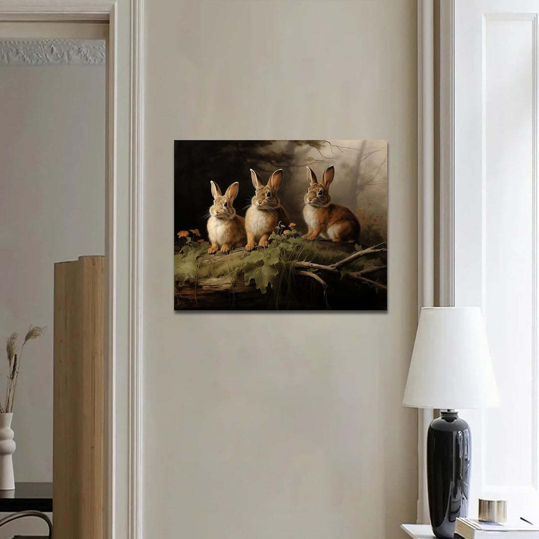 Easter Woodland Rabbits Canvas Wall Art, Adorable Hares Oil Painting Home Décor, Nature-Inspired Wall Decor, Stunning Canvas Prints