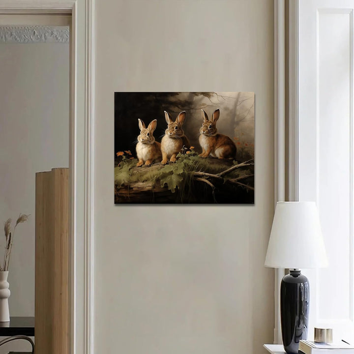 Easter Woodland Rabbits Canvas Wall Art, Adorable Hares Oil Painting Home Décor, Nature-Inspired Wall Decor, Stunning Canvas Prints