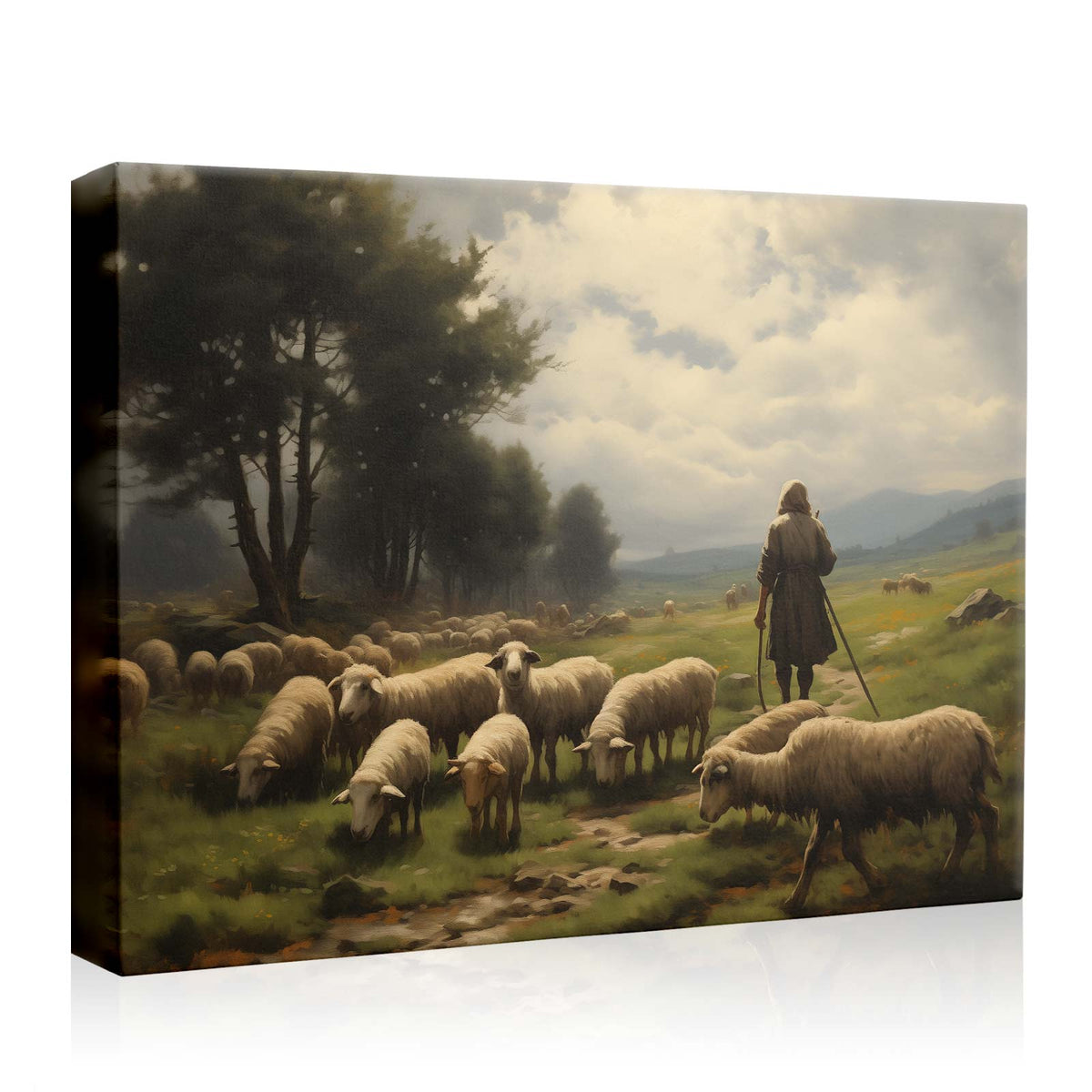 Classic Pastoral Landscape Painting Shepherd and Sheep Pasture Wall Art