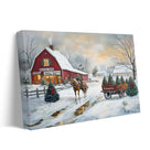 Christmas Tree Farm Canvas Wall Art, Snowy Rustic Farmhouse Landscape with Horse Cart Holiday Decor