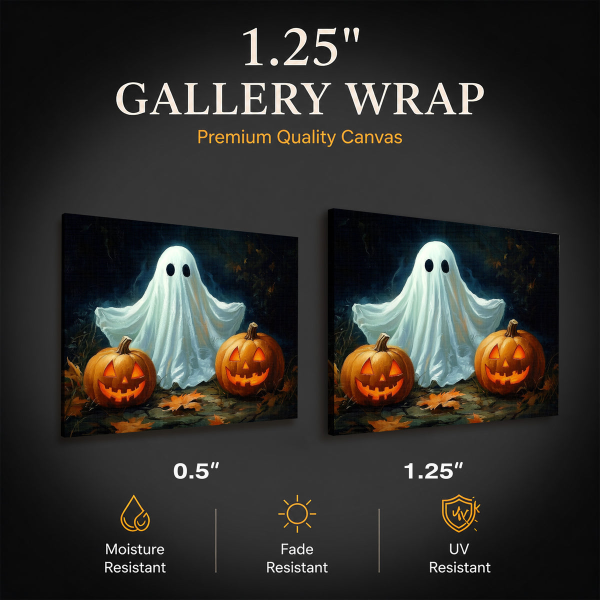 Cute Ghost and Pumpkin Halloween Canvas Wall Art, Whimsical Gothic Fall Decor for Home, Bedroom and Kids’ Room