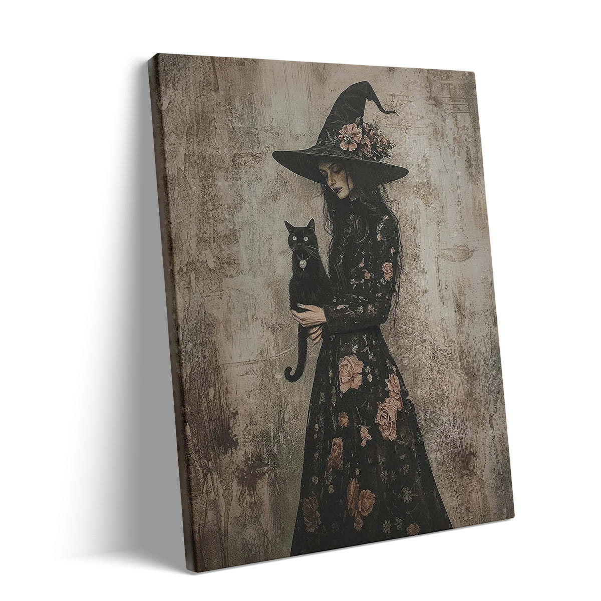 Floral Witch and Black Cat Halloween Canvas Wall Art