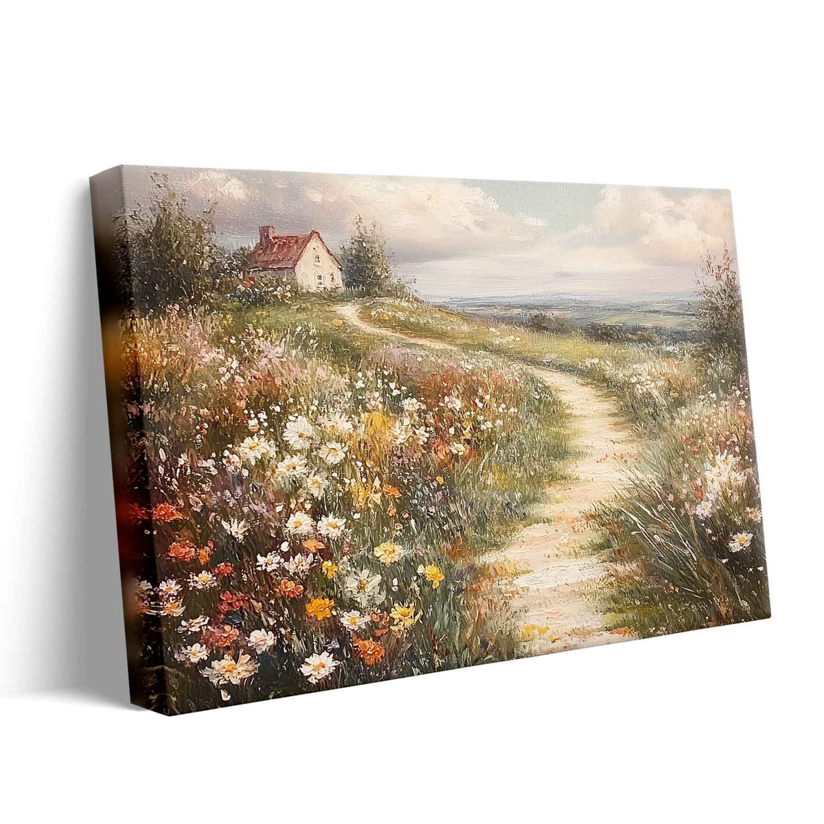 Wildflower Cottage Path Impressionist Countryside Landscape Painting Wall Art