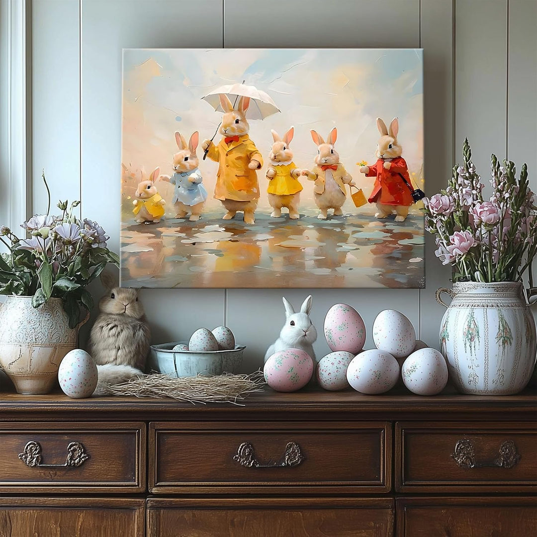 Framed Easter Canvas Wall Art, Bunny Family in Rainy Spring Print Poster, Whimsical Oil Painting Heartwarming Fun Artwork Decoration Pictures