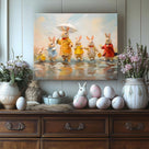 Framed Easter Canvas Wall Art, Bunny Family in Rainy Spring Print Poster, Whimsical Oil Painting Heartwarming Fun Artwork Decoration Pictures