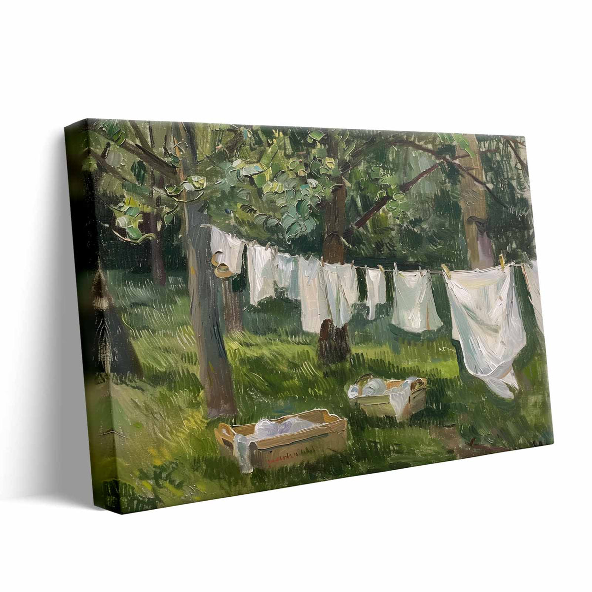 Rustic Garden Clothesline Impressionist Backyard Laundry Day Painting Wall Art