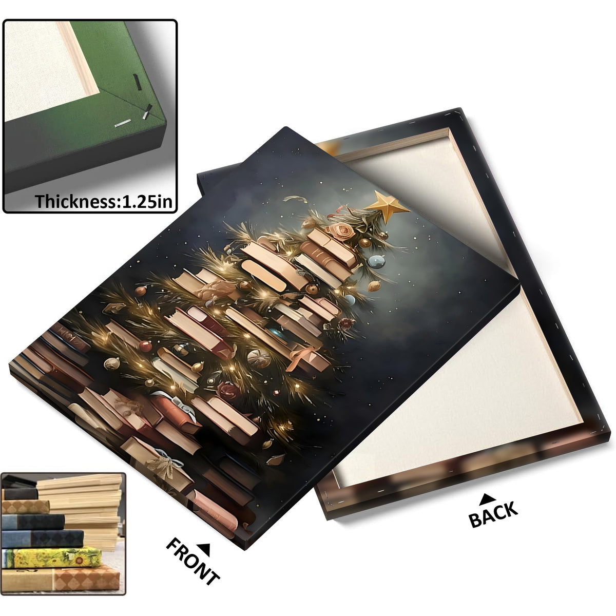 Book Lover Christmas Tree Canvas Wall Art, Stacked Books Holiday Decor for Home Library and Reading Room
