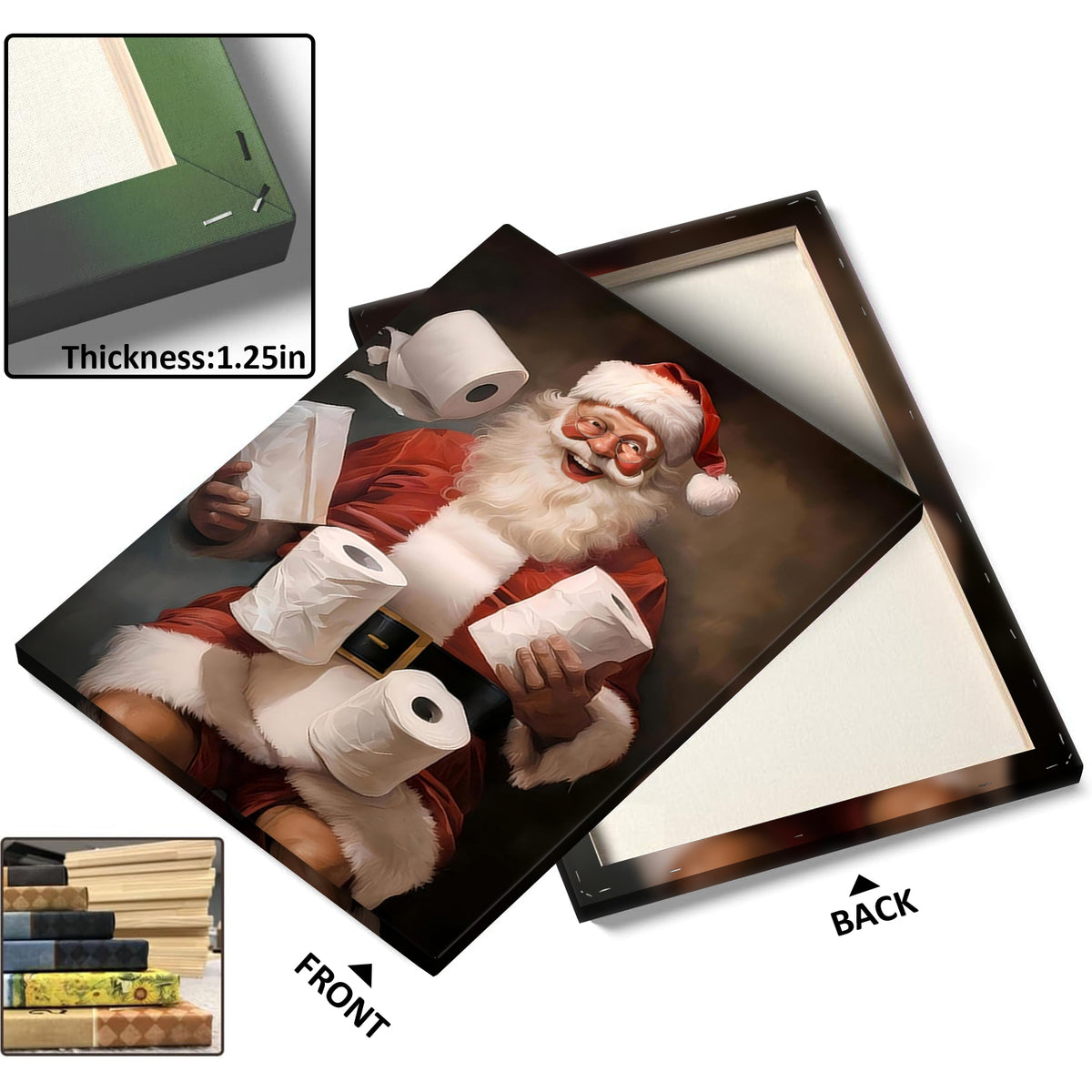 Funny Santa Claus Bathroom Wall Art, Christmas Santa with Toilet Paper Canvas Print for Holiday Bathroom Decor