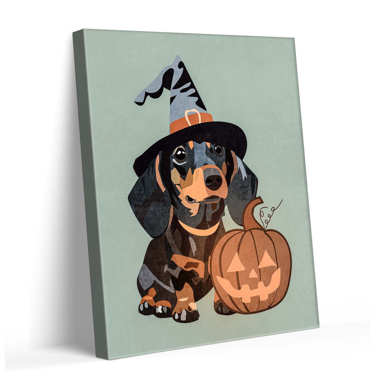 Halloween Dog and Pumpkin Cute Rottweiler Witch Hat Halloween Illustration Wall Art