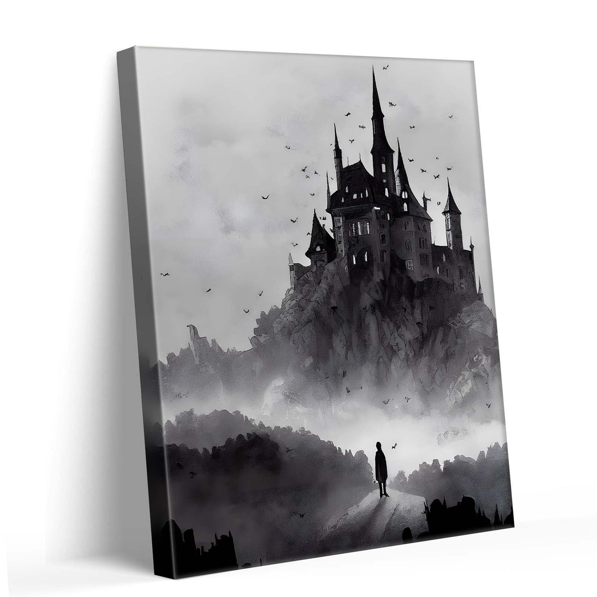 Haunted Gothic Castle in the Mist with Bats Illustration Halloween Wall Art