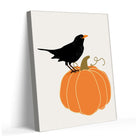 Halloween Minimalist Crow on Pumpkin Illustration and Pumpkin Wall Art