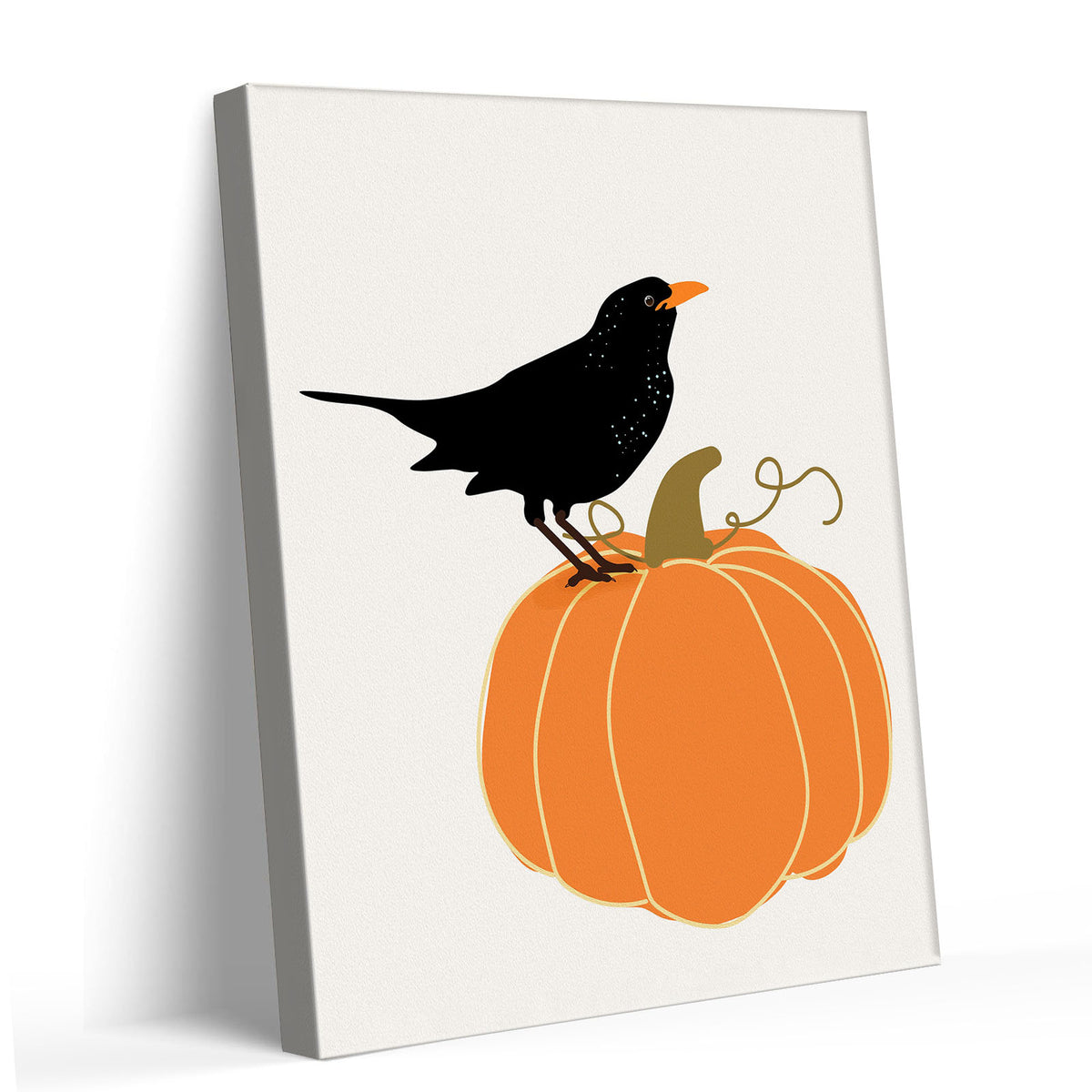 Halloween Minimalist Crow on Pumpkin Illustration and Pumpkin Wall Art
