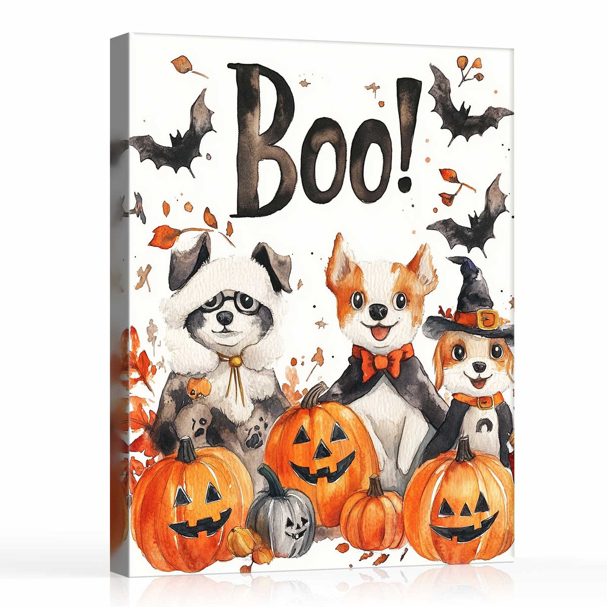 Halloween Boo! Animal Friends Canvas Wall Art – Cute Watercolor Dogs, Bats and Pumpkins Decor