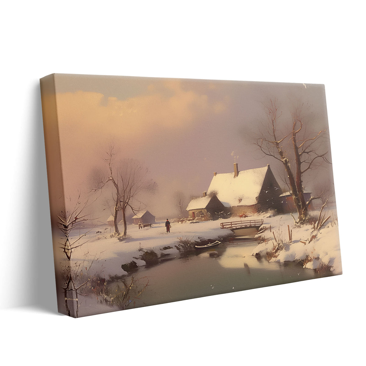 Snowy Winter Village by the River Impressionist Snowy Countryside Landscape Painting Wall Art