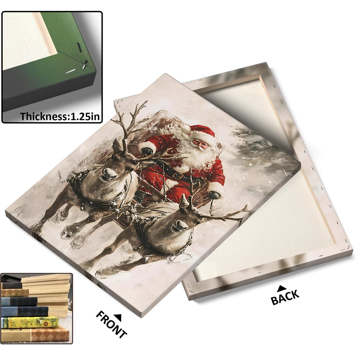Santa Claus Sleigh with Reindeer Christmas Canvas Wall Art, Vintage Holiday Artwork for Living Room and Entryway