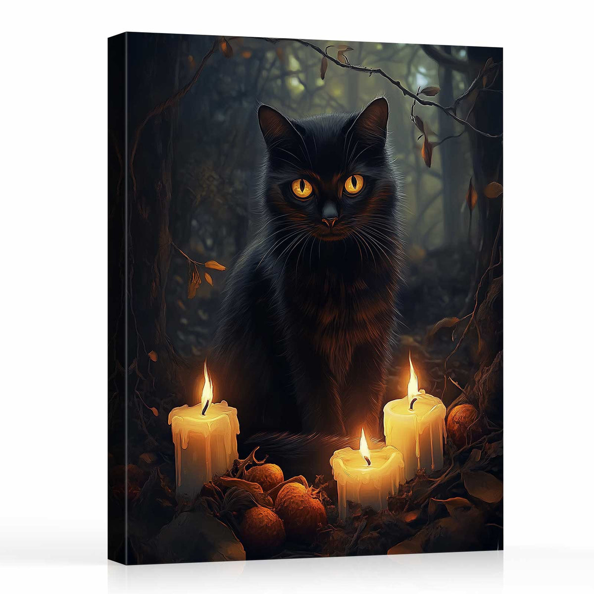 Enchanted Forest Black Cat Painting and Candles Halloween Wall Art