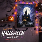 Gothic Castle and Bats Halloween Canvas Wall Art, Dark Fantasy Fall Decor for Living Room, Bedroom and Office