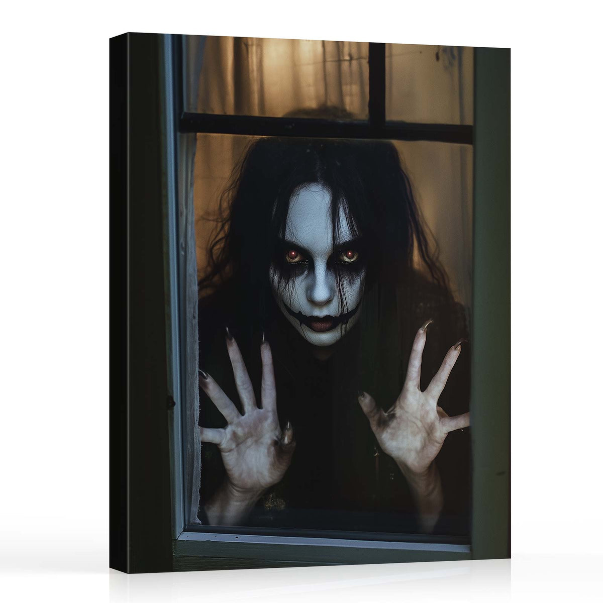 Haunted Girl at the Window Canvas Wall Art – Dark Halloween Horror Home Decor