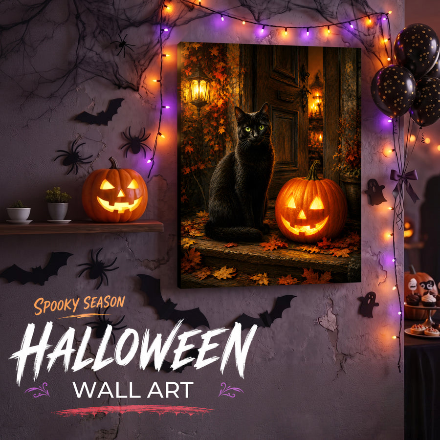 Black Cat and Pumpkin Halloween Canvas Wall Art, Gothic Fall Decor for Living Room, Bedroom and Entryway