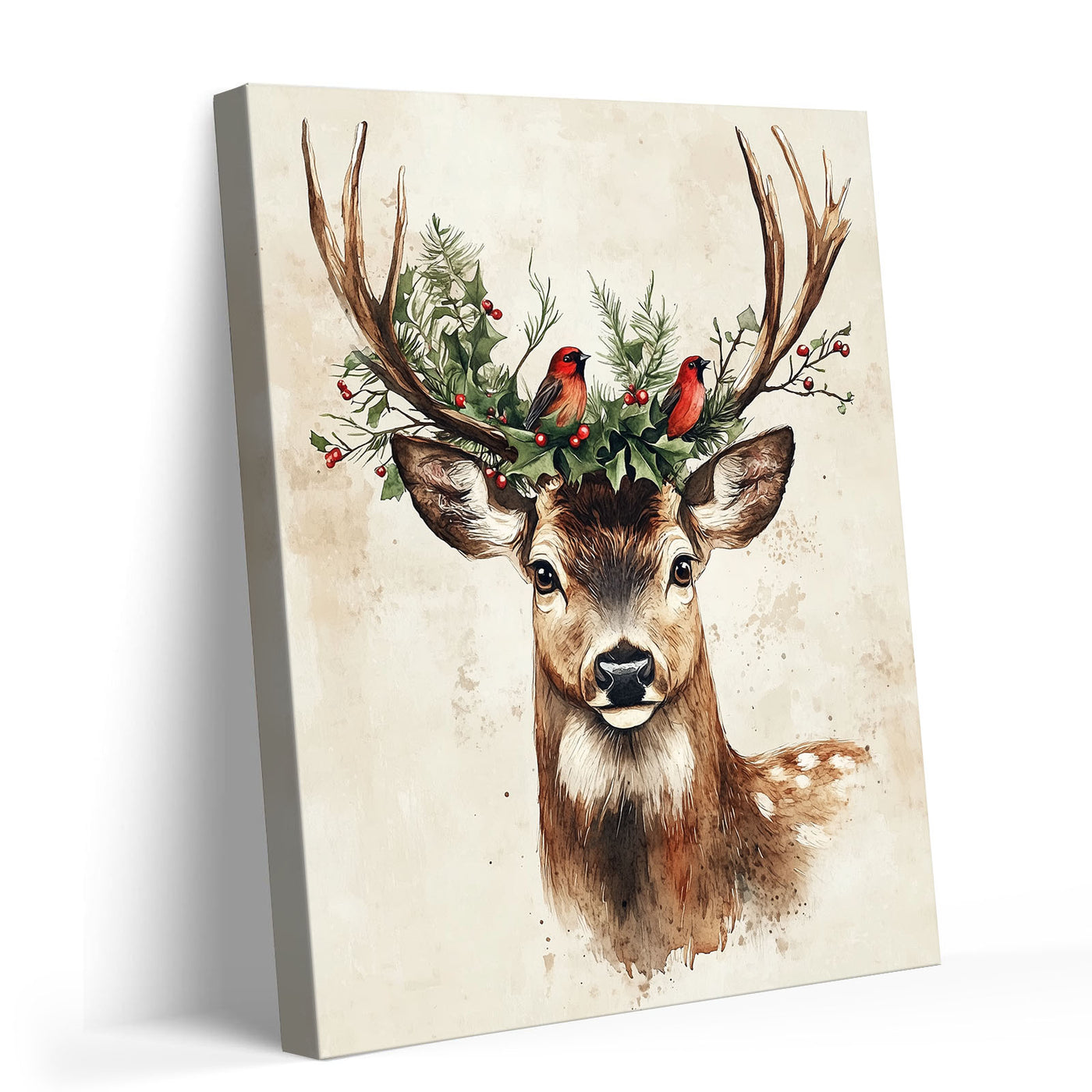 Christmas Deer and Woodland Wildlife Canvas Wall Art, Rustic Winter Holiday Decor