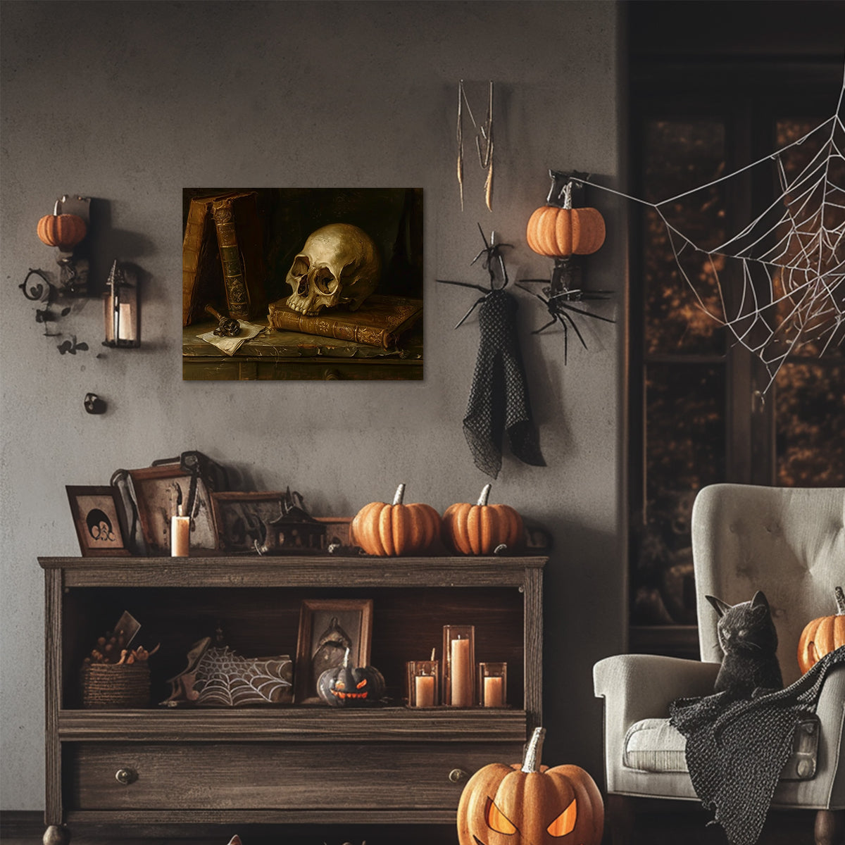 Gothic Skull and Antique Books Still Life Canvas Wall Art