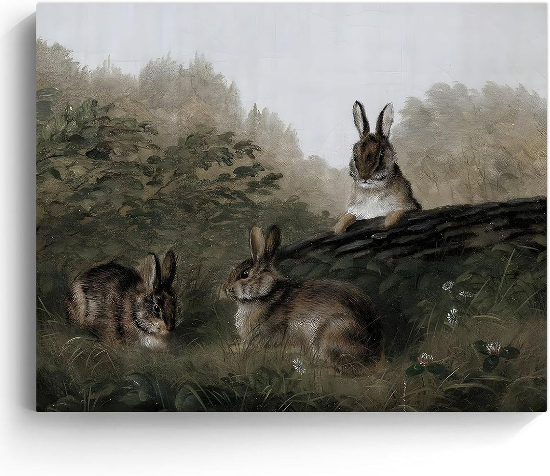 Easter Rabbits Framed Canvas Wall Art, Adorable 4 Hares Cave Oil Painting Home Decor, Nature-Inspired Wall Decor Stunning Lovable Bunny Canvas Prints for Living Room
