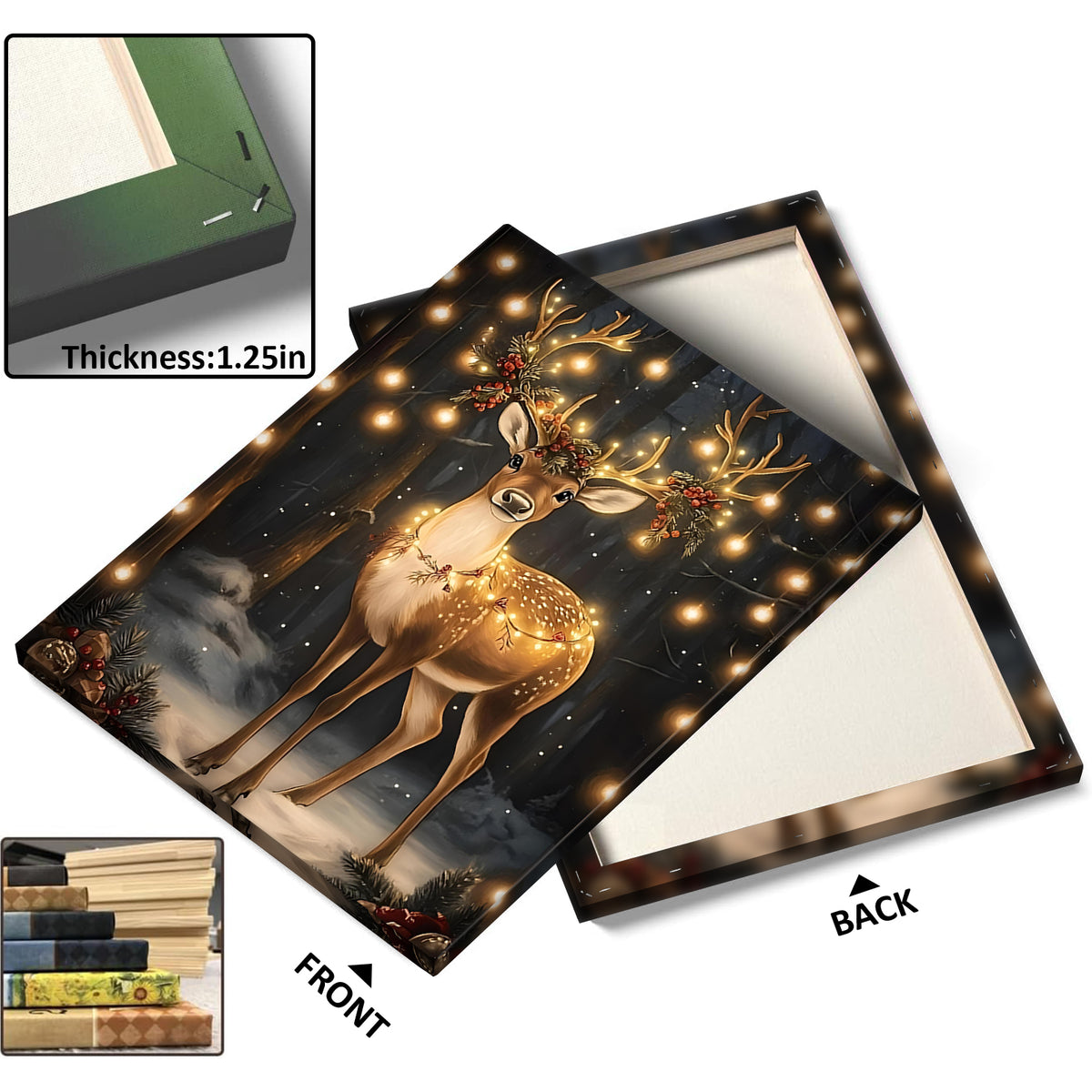 Christmas Reindeer Canvas Wall Art with Lights, Enchanted Winter Forest Holiday Decor for Living Room and Bedroom