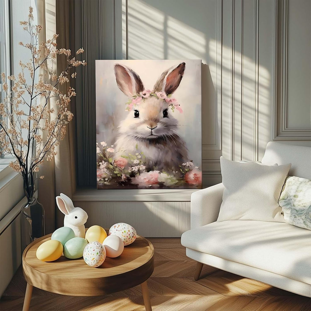 Floral Easter Bunny Canvas Wall Art, Bunny and Flowers Farmhouse Decor Cozy Easter Print Painting Spring Aesthetic Artwork, Holiday Gift Bedroom Living Room Decoration