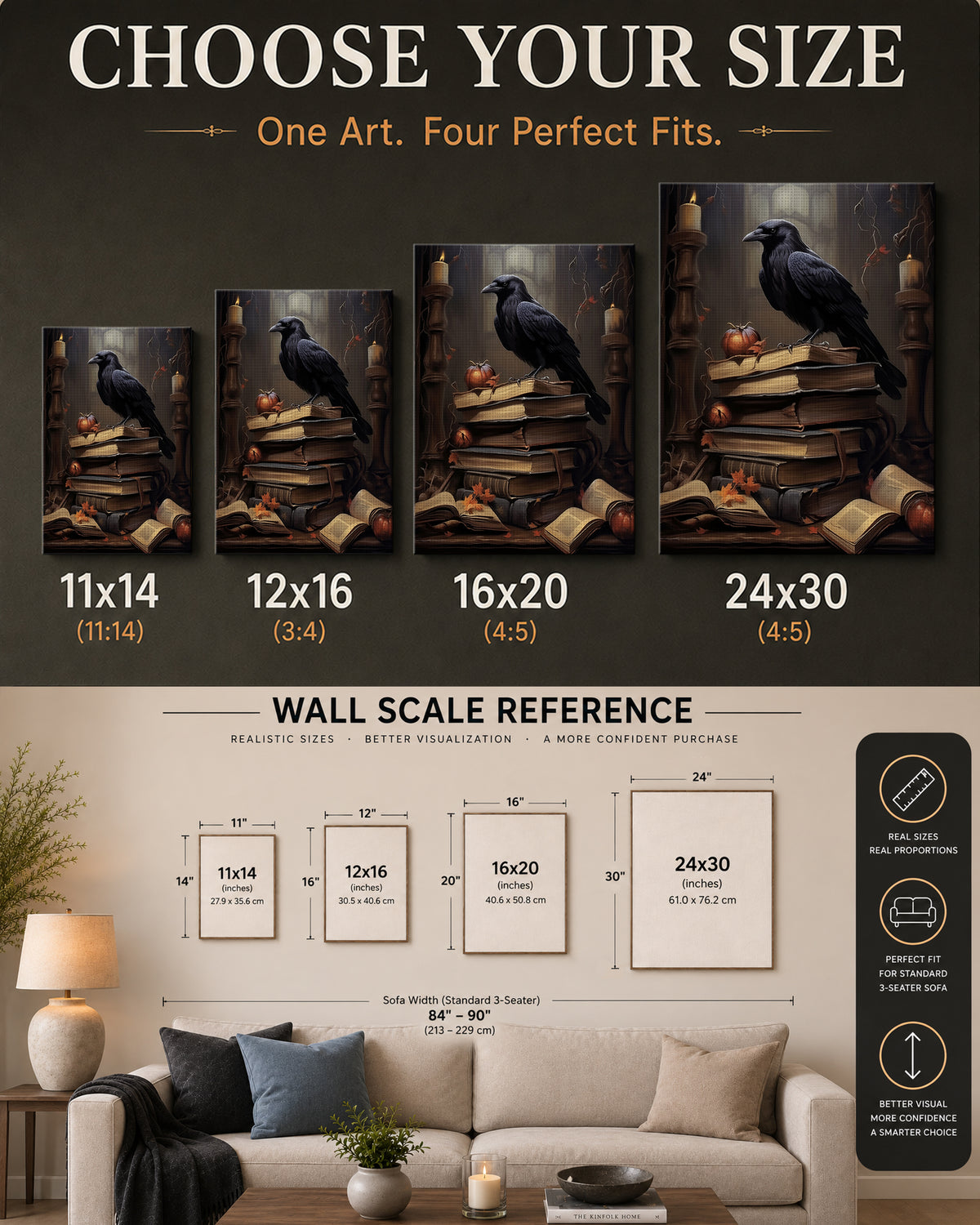 Halloween Raven Canvas Wall Art, Gothic Moonlit Bird Decor