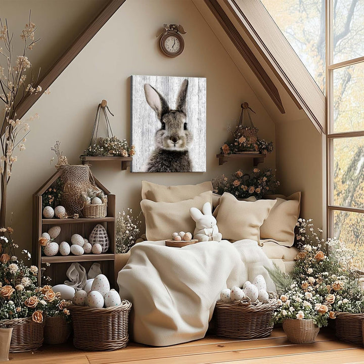 Easter Framed Canvas Wall Art Living Room Decor Rustic Bunny Poster Lovable Rabbit Front Portrait Painting Modern Artwork for Bedroom Dorm Home Office Holiday Wall Decoration